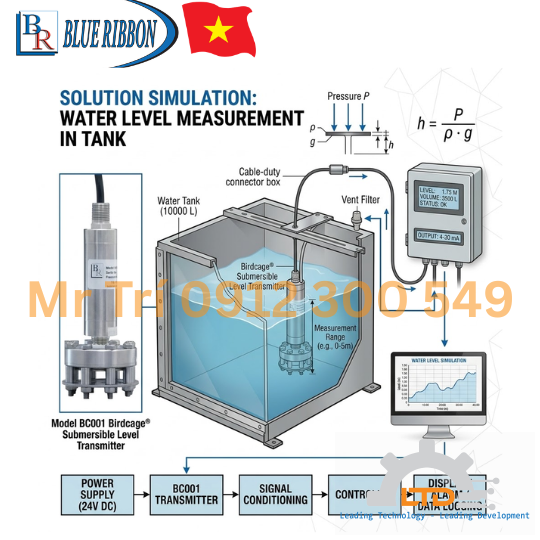 BR313R BlueRibbon Việt Nam, Slim Submersible Level Transmitter Cảm biến đo mức chìm độ chính xác cao cho môi trường khắc nghiệt
